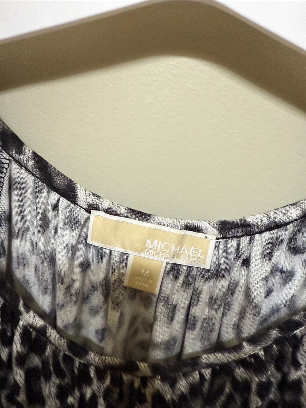Michael Kors Black and White Leopard Print Long Sleeve Scoop Neck Top